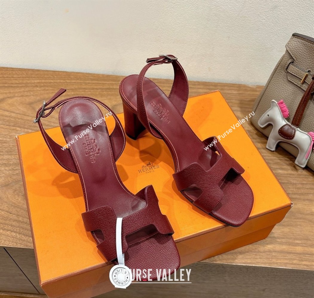 Hermes Eremite Heel Sandals 8cm in Grained Leather Dark Burgundy 2025 H02275 (XC-250820158)