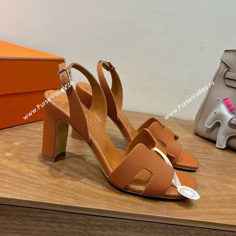 Hermes Eremite Heel Sandals 8cm in Grained Leather Brown 2025 H02275 (XC-250820160)