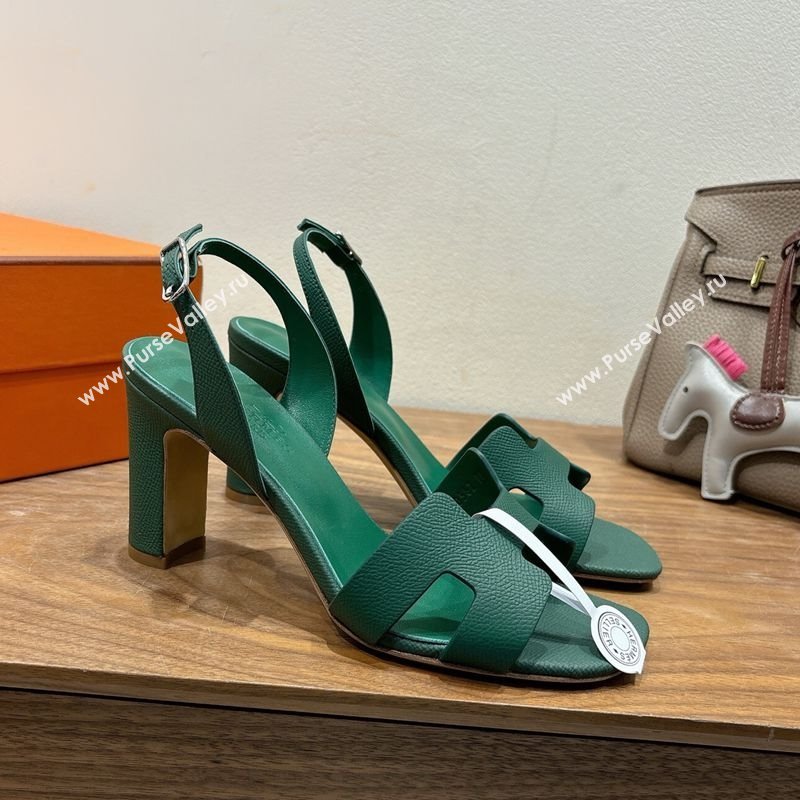 Hermes Eremite Heel Sandals 8cm in Grained Leather Green2 2025 H02275 (XC-250820161)