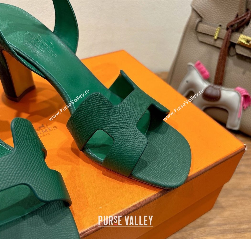 Hermes Eremite Heel Sandals 8cm in Grained Leather Green2 2025 H02275 (XC-250820161)