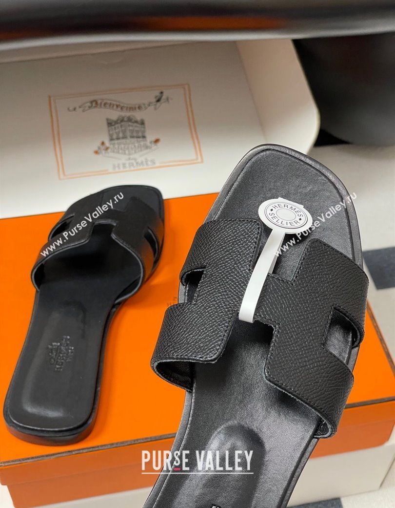 Hermes Oran Classic Flat Slides Sandal in Palm-Grained Calfskin Black 2025 H081803 (MD-250819024)