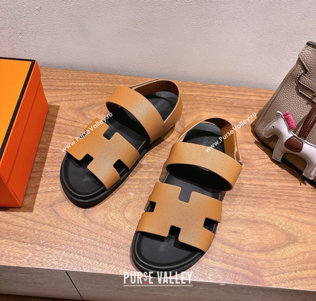 Hermes Genius Strap Sandals in Grained Leather Brown 2025 H082011 (XC-250820162)