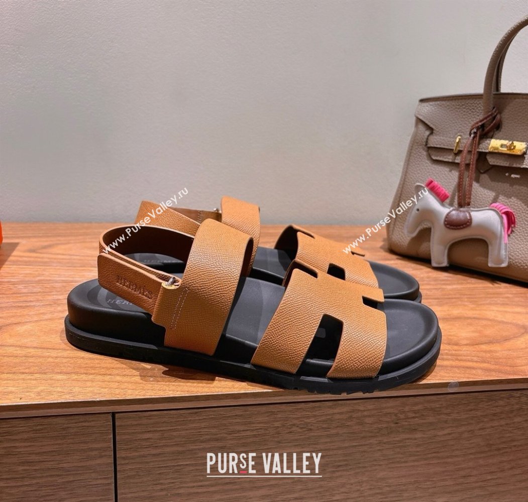 Hermes Genius Strap Sandals in Grained Leather Brown 2025 H082011 (XC-250820162)