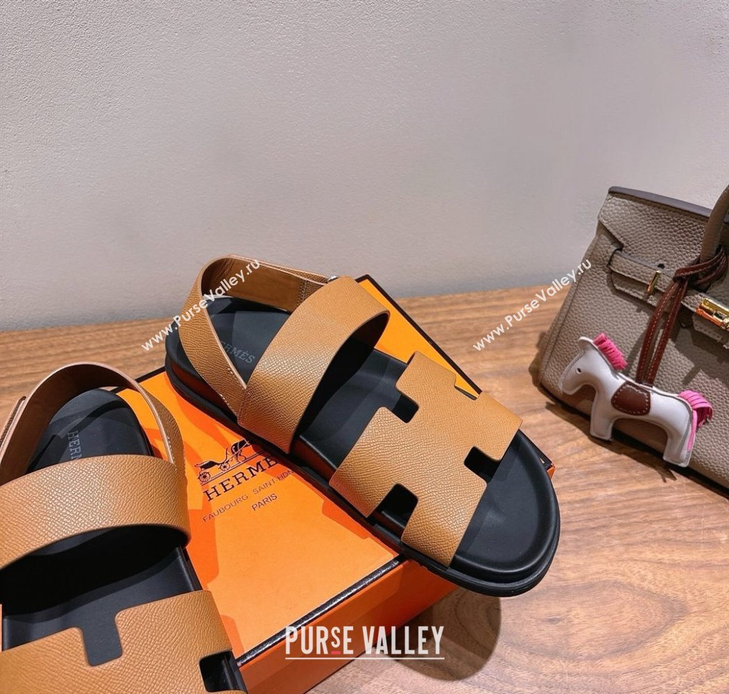 Hermes Genius Strap Sandals in Grained Leather Brown 2025 H082011 (XC-250820162)