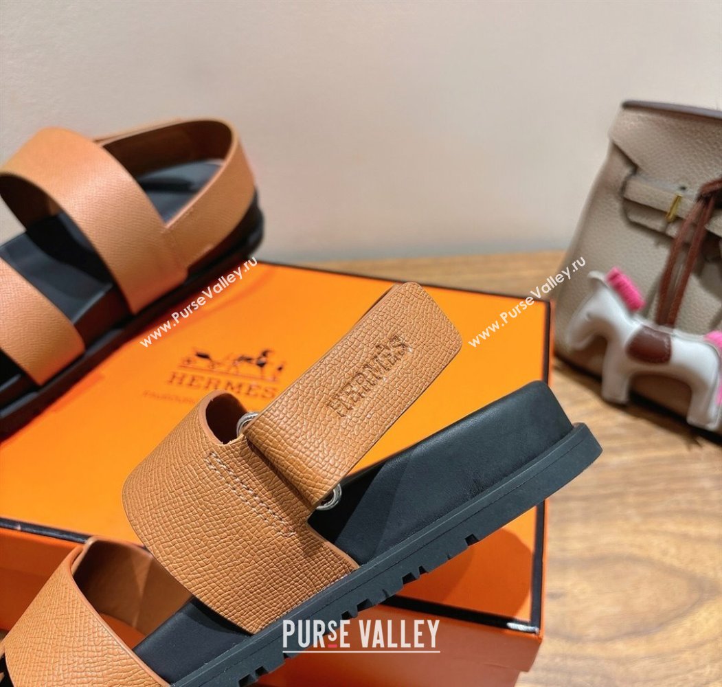 Hermes Genius Strap Sandals in Grained Leather Brown 2025 H082011 (XC-250820162)