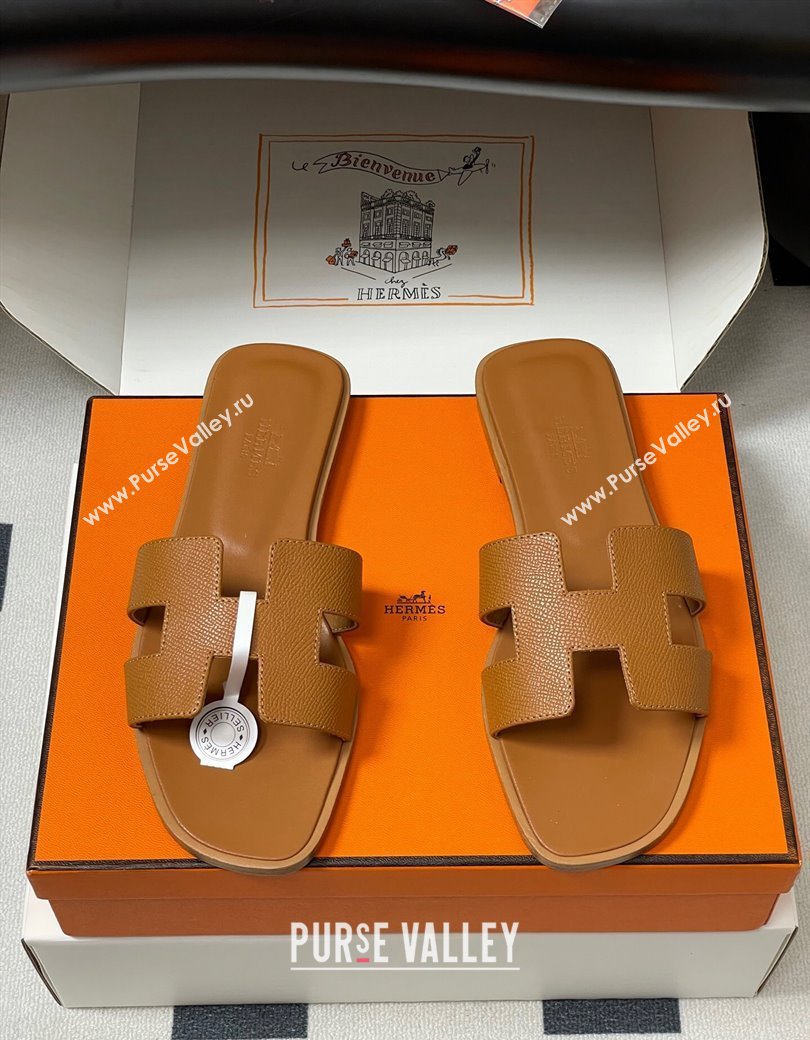 Hermes Oran Classic Flat Slides Sandal in Palm-Grained Calfskin Brown 2025 H081803 (MD-250819025)