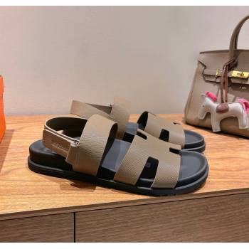 Hermes Genius Strap Sandals in Grained Leather Grey 2025 H082011 (XC-250820166)