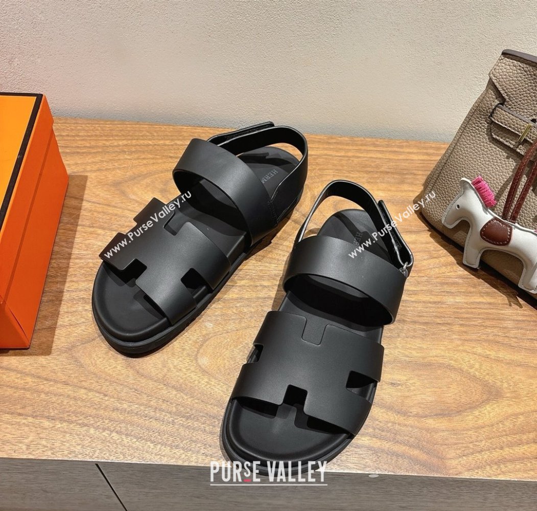 Hermes Genius Strap Sandals in Calfskin Leather Black 2025 H082011 (XC-250820168)