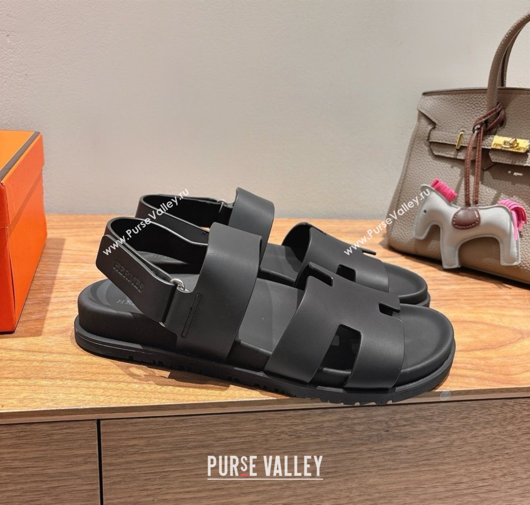 Hermes Genius Strap Sandals in Calfskin Leather Black 2025 H082011 (XC-250820168)