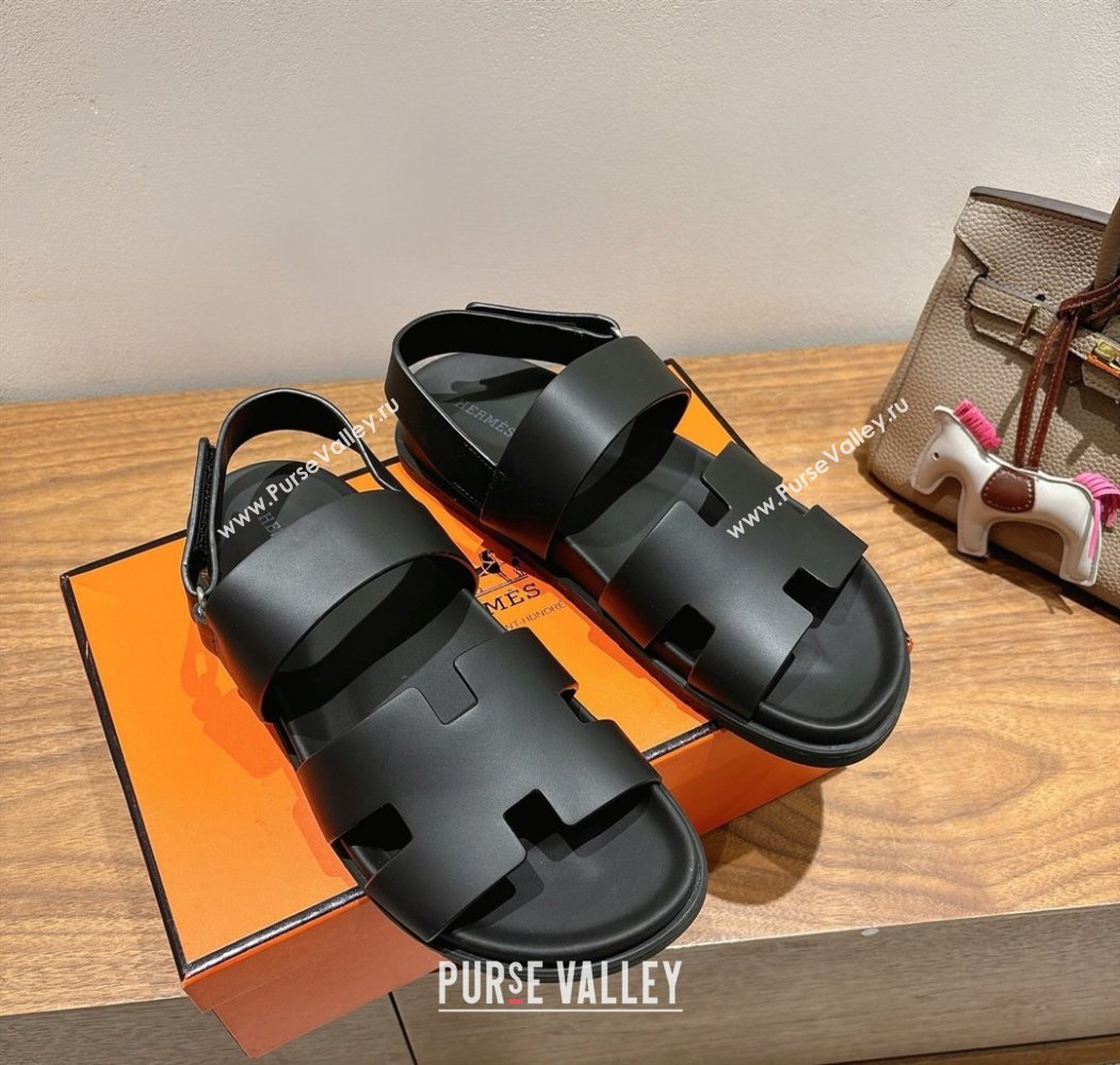 Hermes Genius Strap Sandals in Calfskin Leather Black 2025 H082011 (XC-250820168)