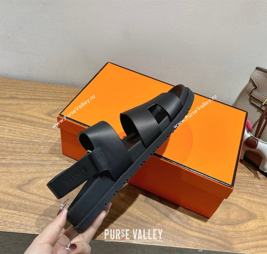 Hermes Genius Strap Sandals in Calfskin Leather Black 2025 H082011 (XC-250820168)