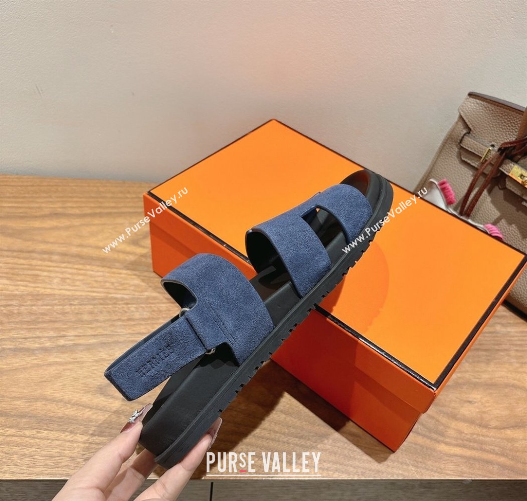 Hermes Genius Strap Sandals in Suede Dark Blue 2025 H082011 (XC-250820171)