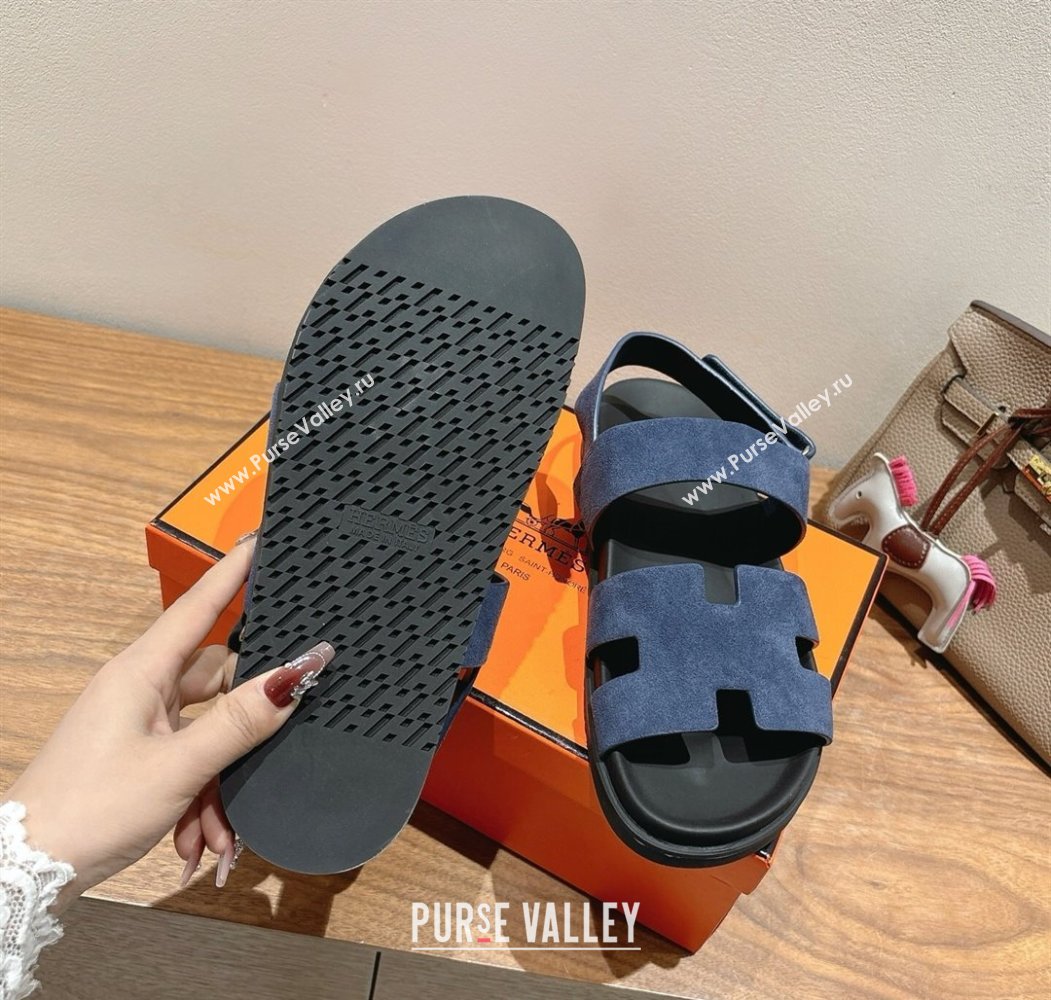 Hermes Genius Strap Sandals in Suede Dark Blue 2025 H082011 (XC-250820171)