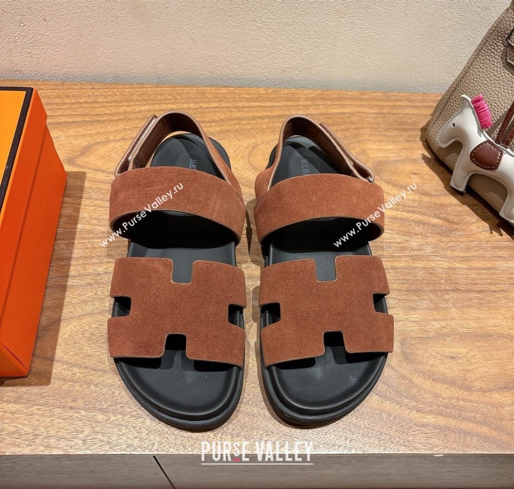 Hermes Genius Strap Sandals in Suede Dark Brown 2025 H082011 (XC-250820173)