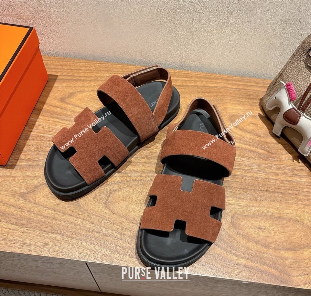 Hermes Genius Strap Sandals in Suede Dark Brown 2025 H082011 (XC-250820173)