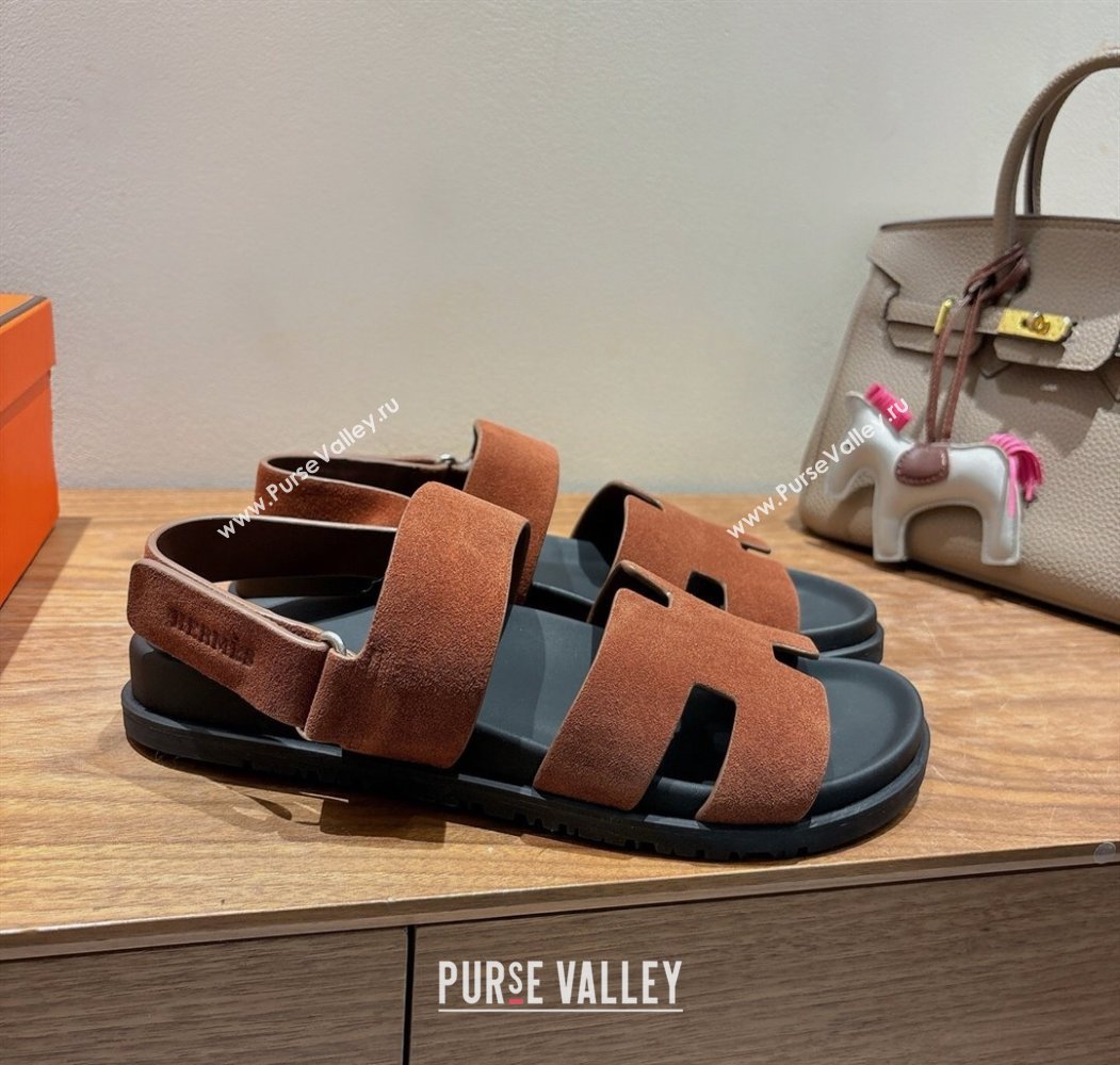 Hermes Genius Strap Sandals in Suede Dark Brown 2025 H082011 (XC-250820173)