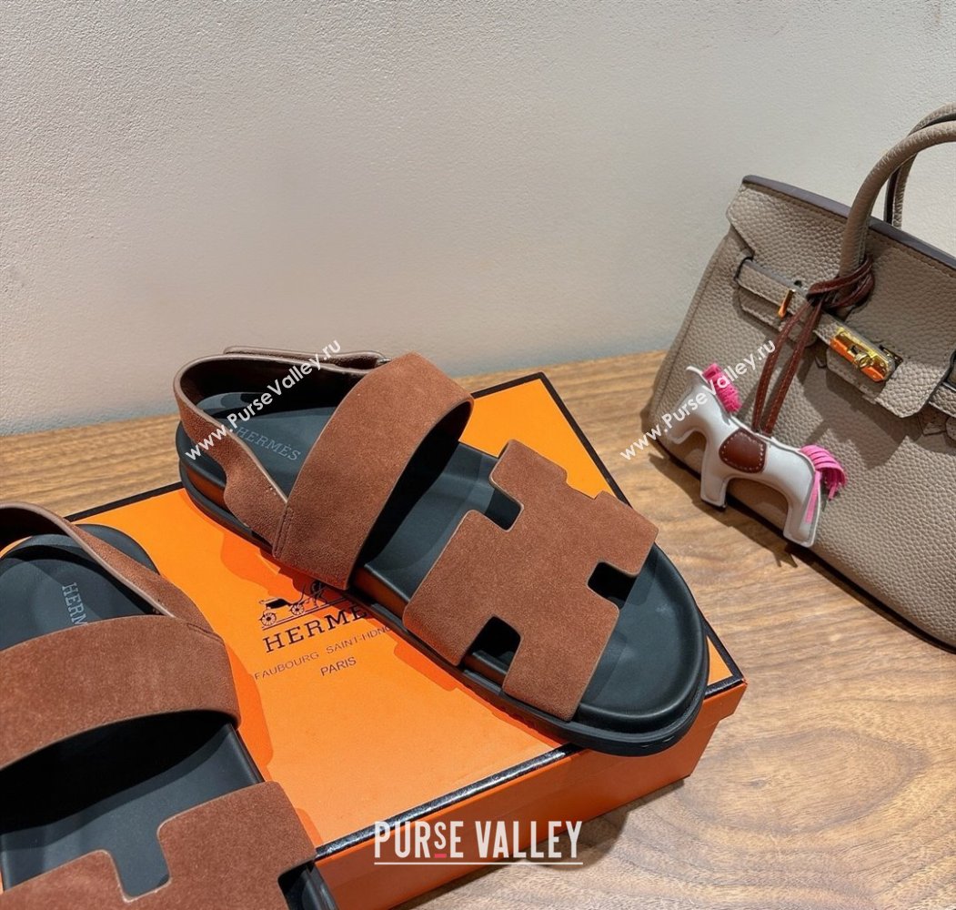 Hermes Genius Strap Sandals in Suede Dark Brown 2025 H082011 (XC-250820173)