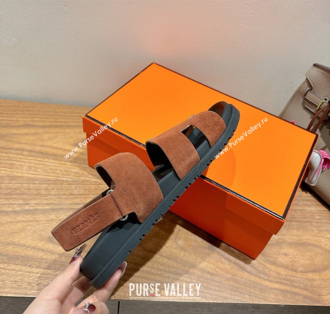 Hermes Genius Strap Sandals in Suede Dark Brown 2025 H082011 (XC-250820173)