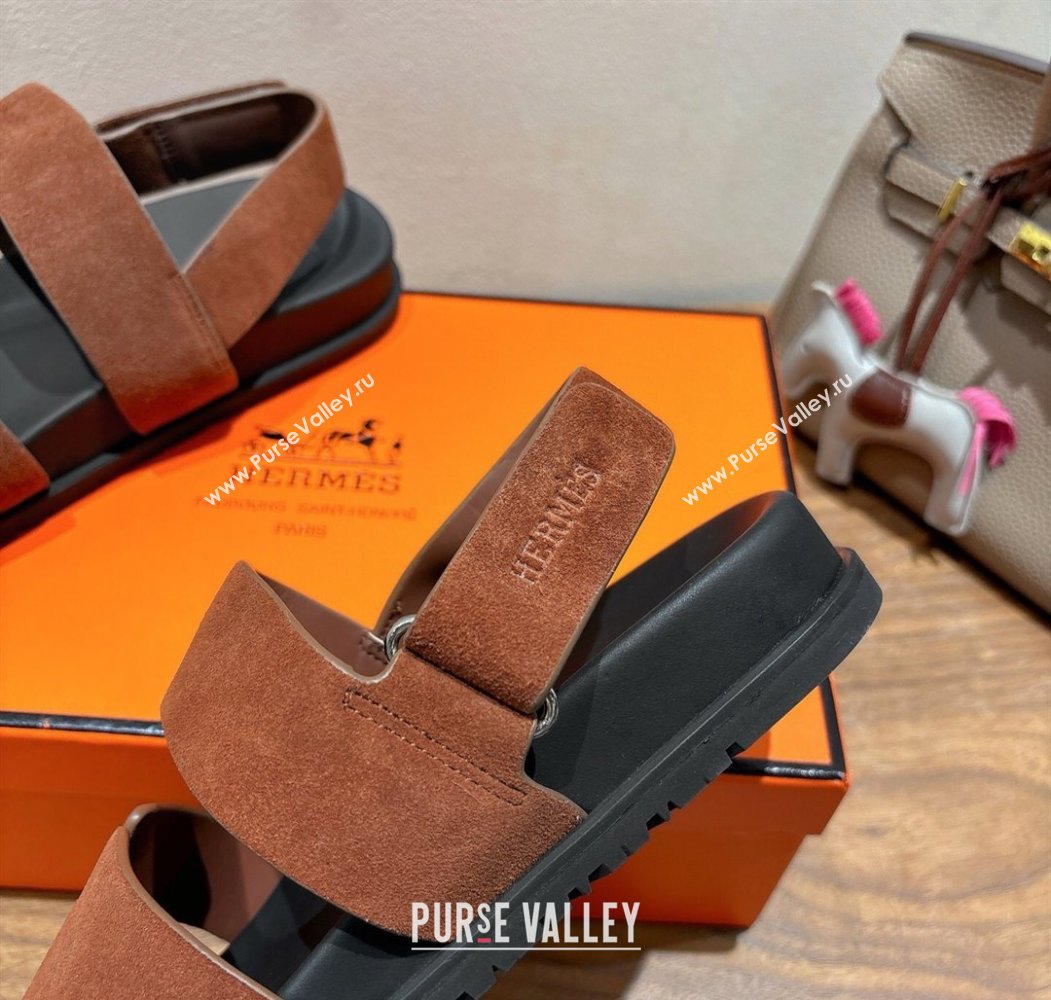 Hermes Genius Strap Sandals in Suede Dark Brown 2025 H082011 (XC-250820173)