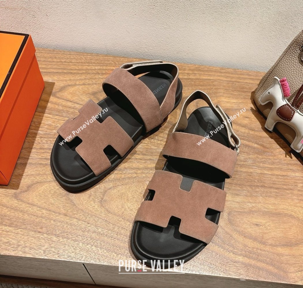 Hermes Genius Strap Sandals in Suede Taupe 2025 H082011 (XC-250820174)