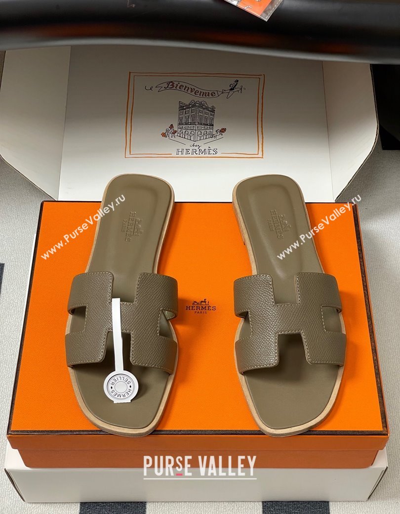 Hermes Oran Classic Flat Slides Sandal in Palm-Grained Calfskin Elephant 2025 H081803 (MD-250819026)