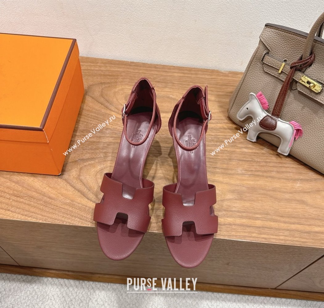 Hermes Legend Wedge Sandals 7cm in Grained Calfskin Burgundy 2025 (XC-250820140)