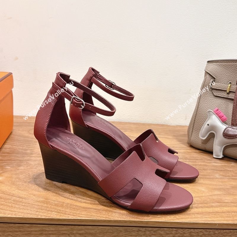 Hermes Legend Wedge Sandals 7cm in Grained Calfskin Burgundy 2025 (XC-250820140)