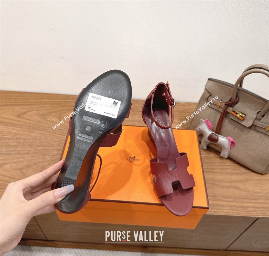 Hermes Legend Wedge Sandals 7cm in Grained Calfskin Burgundy 2025 (XC-250820140)