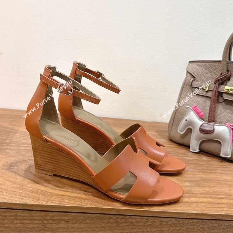 Hermes Legend Wedge Sandals 7cm in Calfskin Leather Brown 2025 (XC-250820126)