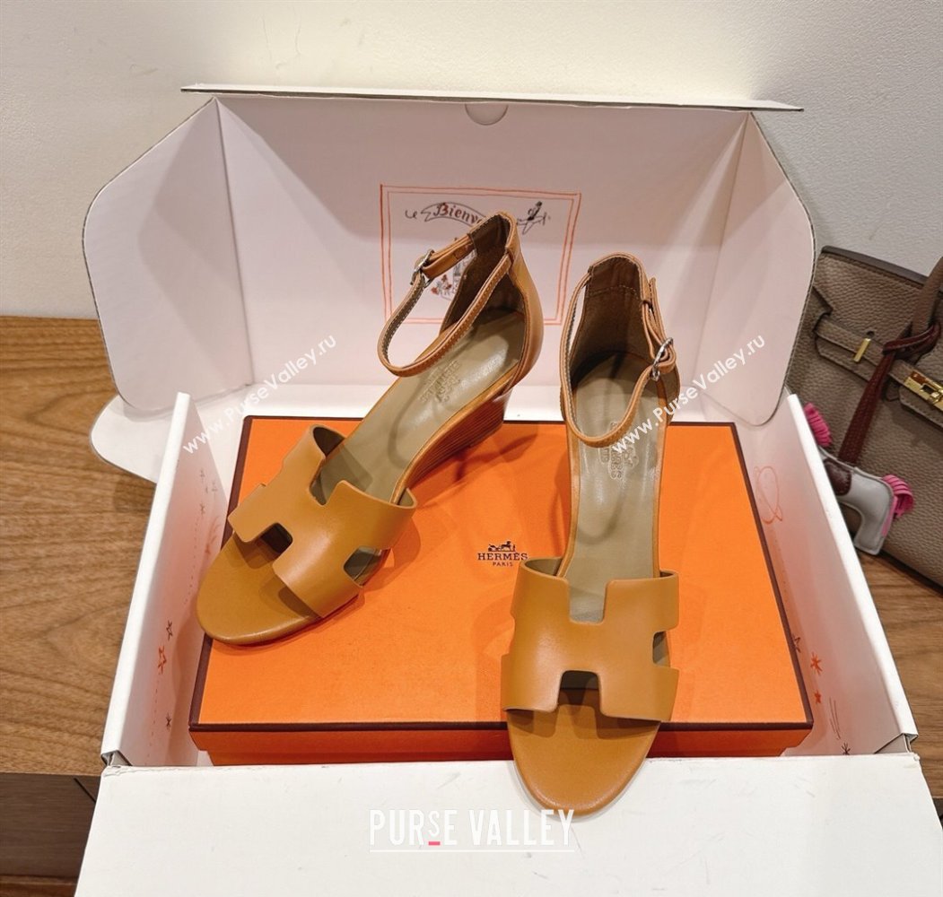 Hermes Legend Wedge Sandals 7cm in Calfskin Leather Brown 2025 (XC-250820128)