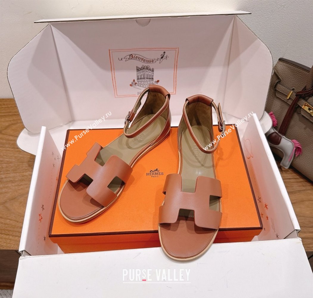 Hermes Santorini Flat Sandals in Calfskin Leather Brown 2025 H082013 (XC-250820184)