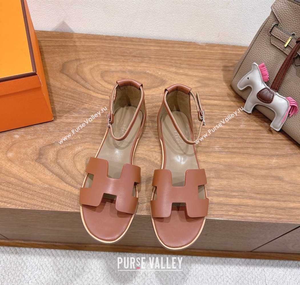 Hermes Santorini Flat Sandals in Calfskin Leather Brown 2025 H082013 (XC-250820184)