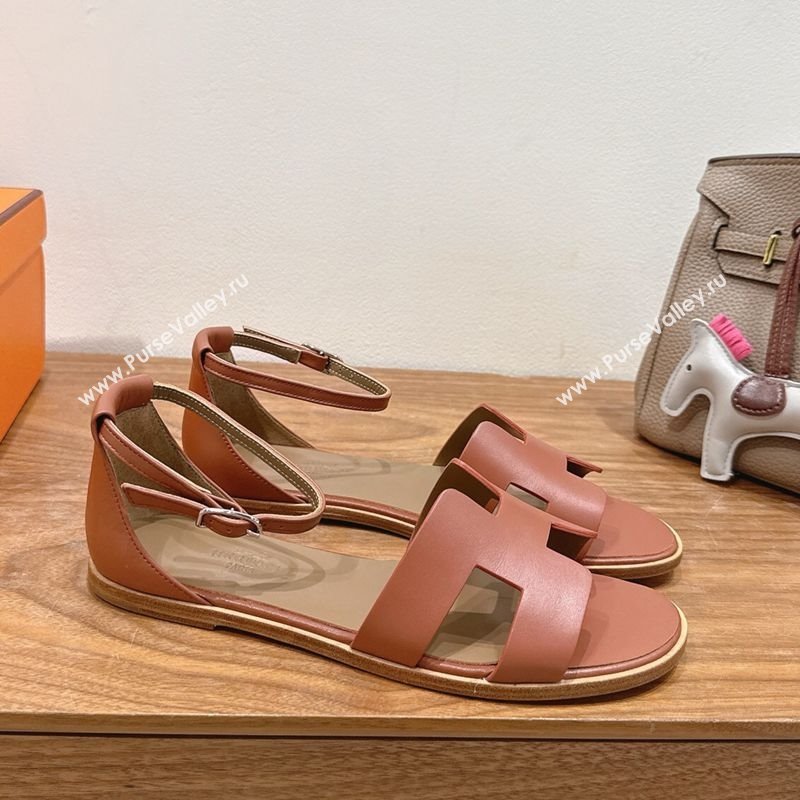 Hermes Santorini Flat Sandals in Calfskin Leather Brown 2025 H082013 (XC-250820184)