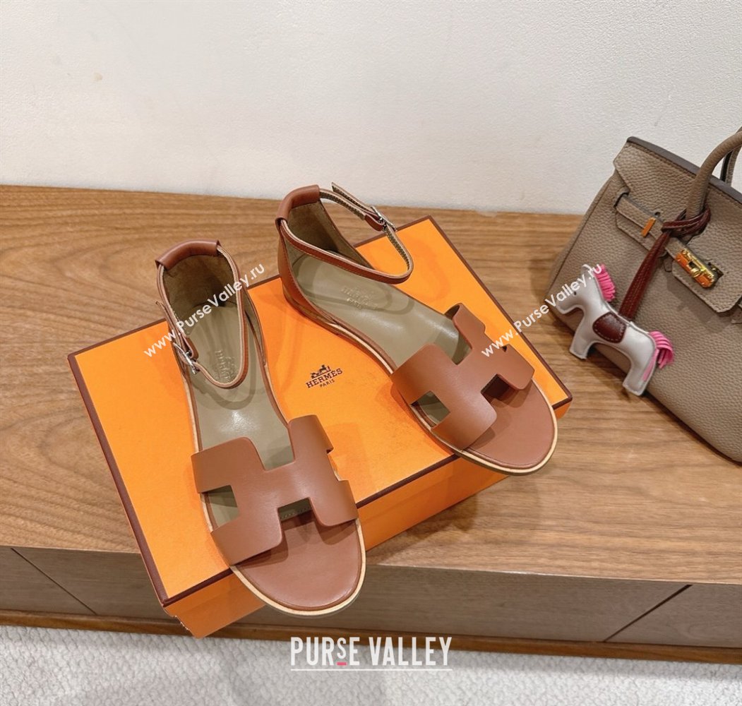 Hermes Santorini Flat Sandals in Calfskin Leather Brown 2025 H082013 (XC-250820184)