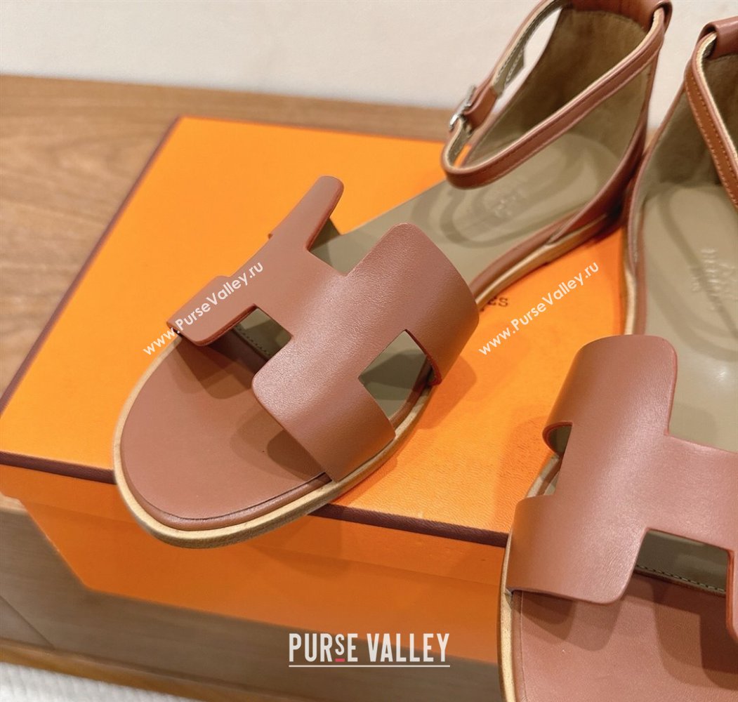 Hermes Santorini Flat Sandals in Calfskin Leather Brown 2025 H082013 (XC-250820184)