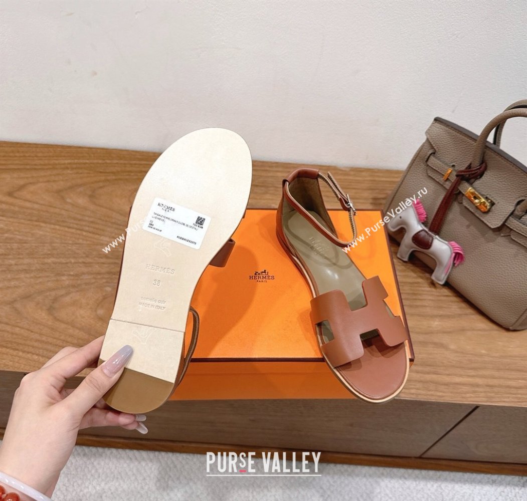 Hermes Santorini Flat Sandals in Calfskin Leather Brown 2025 H082013 (XC-250820184)