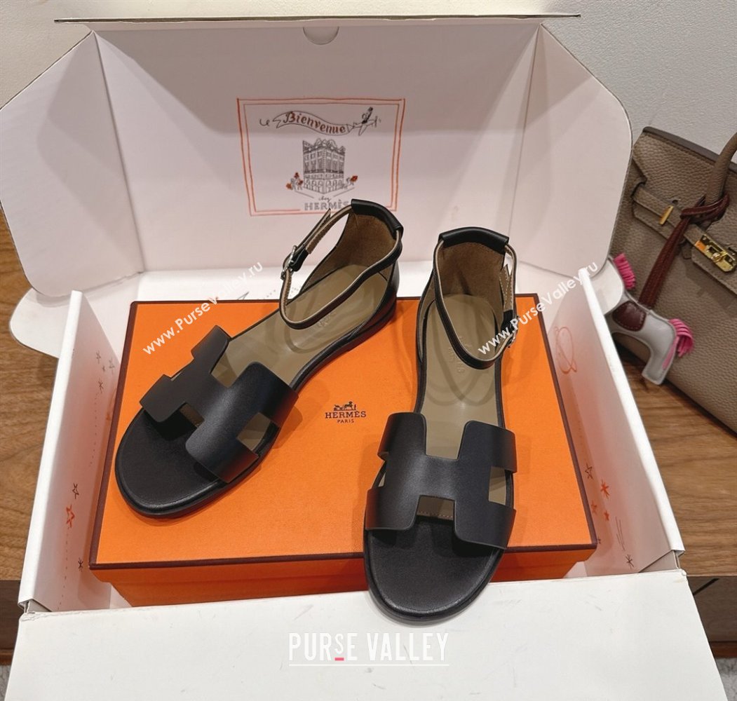 Hermes Santorini Flat Sandals in Calfskin Leather Black 2025 H082013 (XC-250820185)