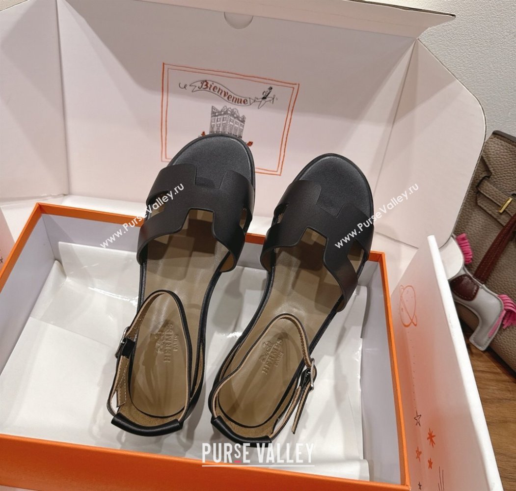 Hermes Santorini Flat Sandals in Calfskin Leather Black 2025 H082013 (XC-250820185)