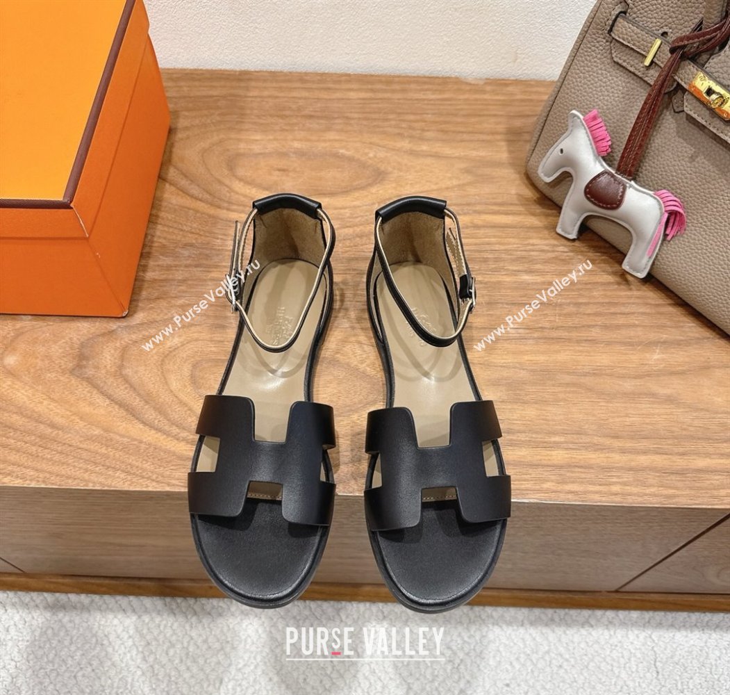 Hermes Santorini Flat Sandals in Calfskin Leather Black 2025 H082013 (XC-250820185)
