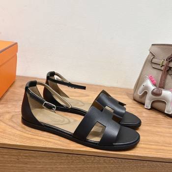 Hermes Santorini Flat Sandals in Calfskin Leather Black 2025 H082013 (XC-250820185)