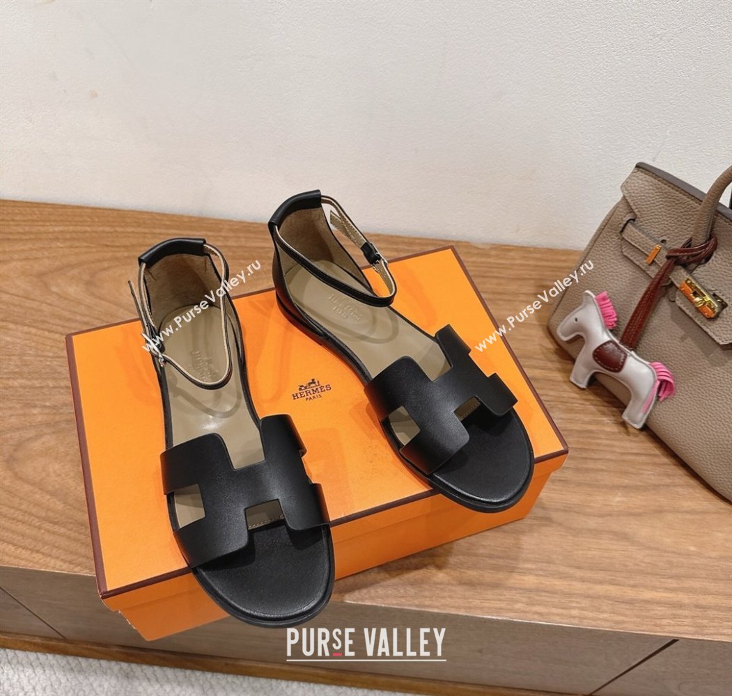 Hermes Santorini Flat Sandals in Calfskin Leather Black 2025 H082013 (XC-250820185)