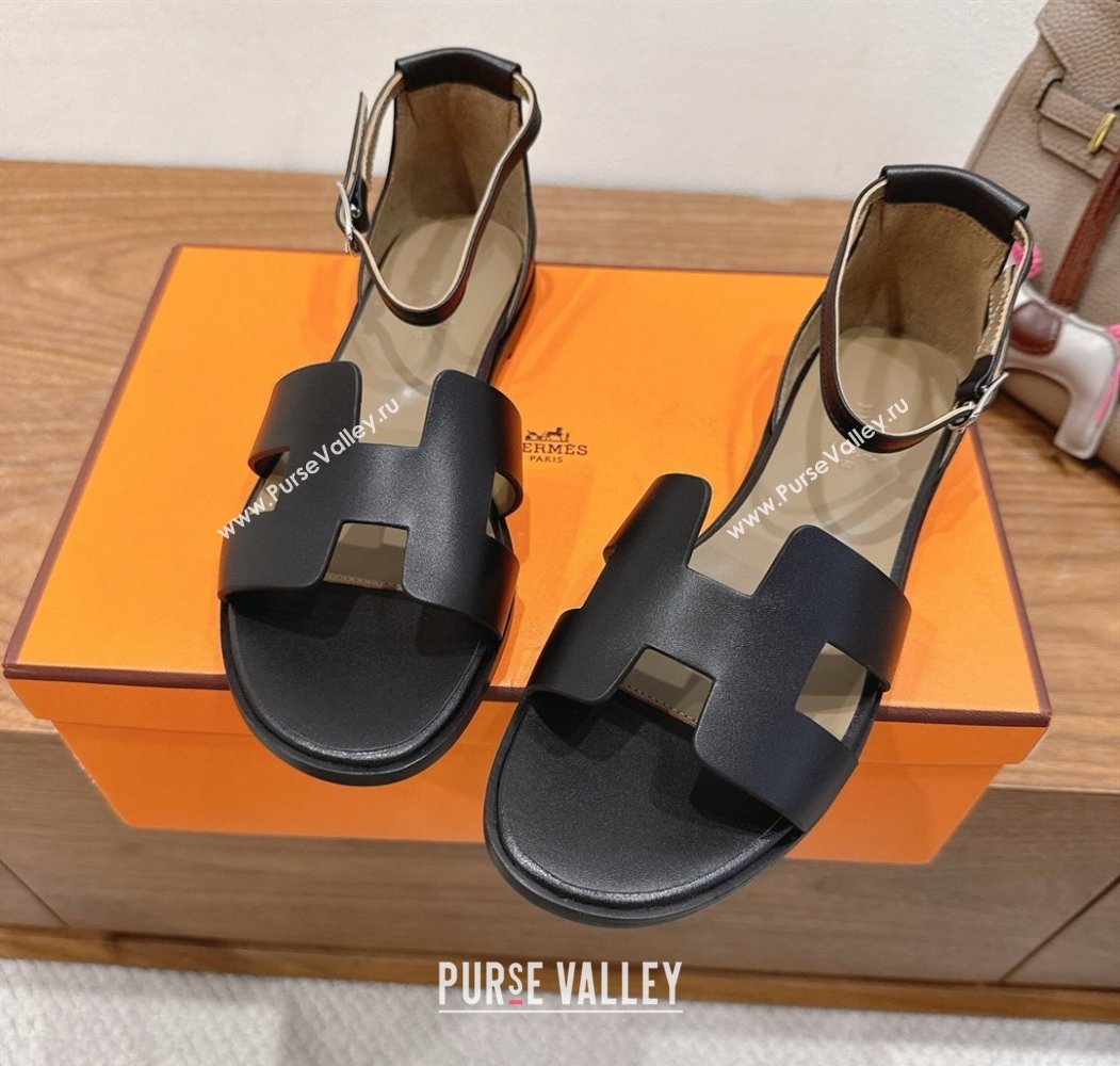 Hermes Santorini Flat Sandals in Calfskin Leather Black 2025 H082013 (XC-250820185)