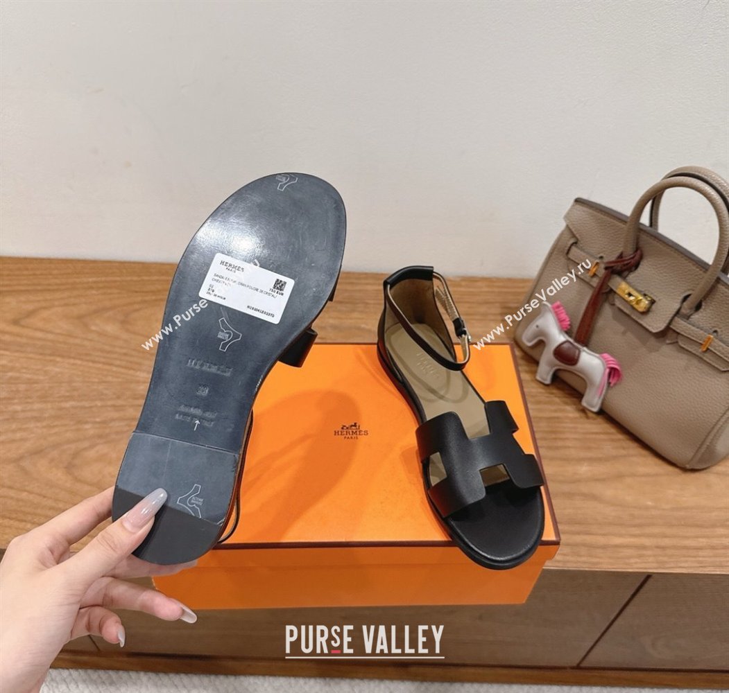 Hermes Santorini Flat Sandals in Calfskin Leather Black 2025 H082013 (XC-250820185)