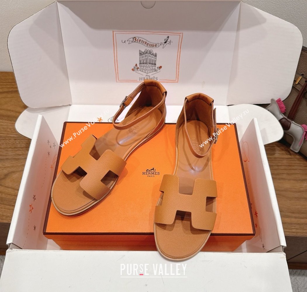 Hermes Santorini Flat Sandals in Epsom Calfskin Brown 2025 H082013 (XC-250820187)