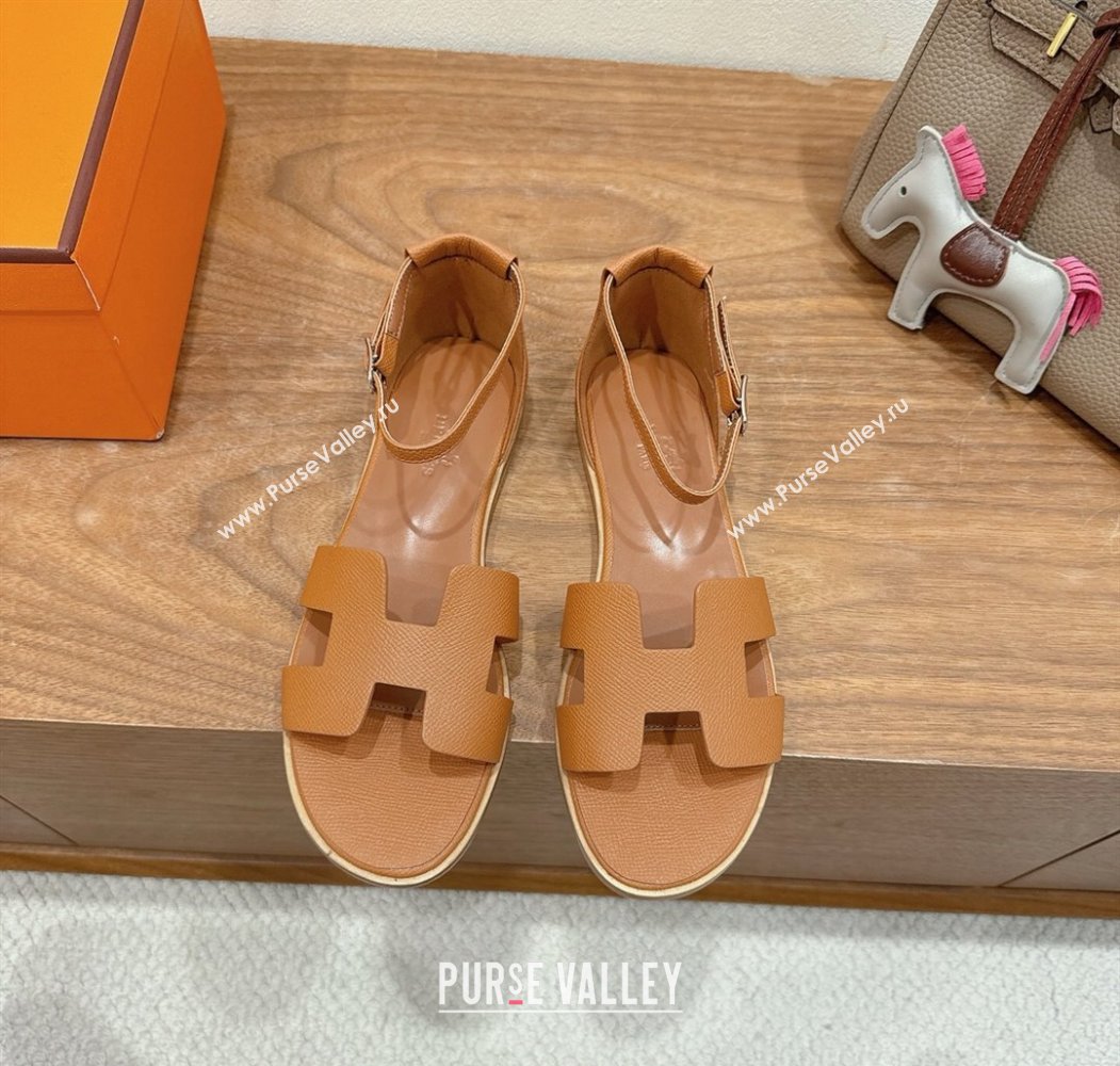 Hermes Santorini Flat Sandals in Epsom Calfskin Brown 2025 H082013 (XC-250820187)