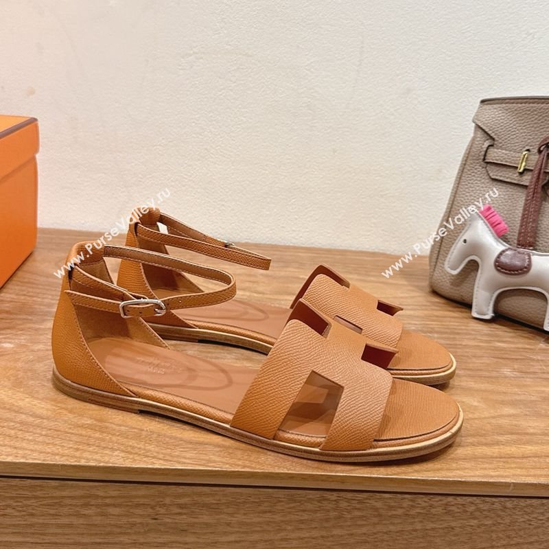 Hermes Santorini Flat Sandals in Epsom Calfskin Brown 2025 H082013 (XC-250820187)