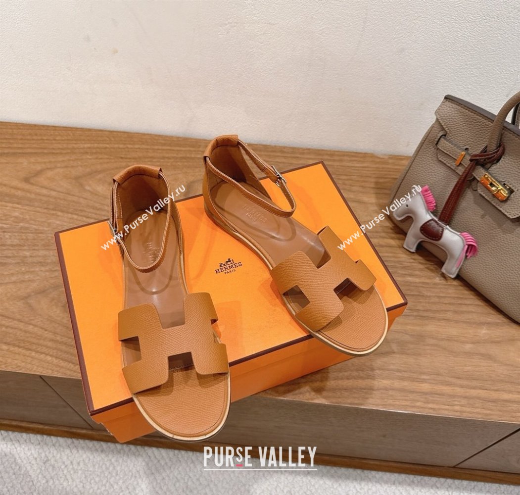 Hermes Santorini Flat Sandals in Epsom Calfskin Brown 2025 H082013 (XC-250820187)