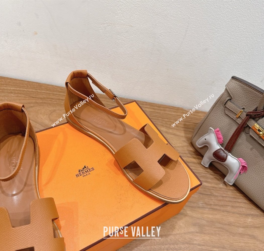 Hermes Santorini Flat Sandals in Epsom Calfskin Brown 2025 H082013 (XC-250820187)