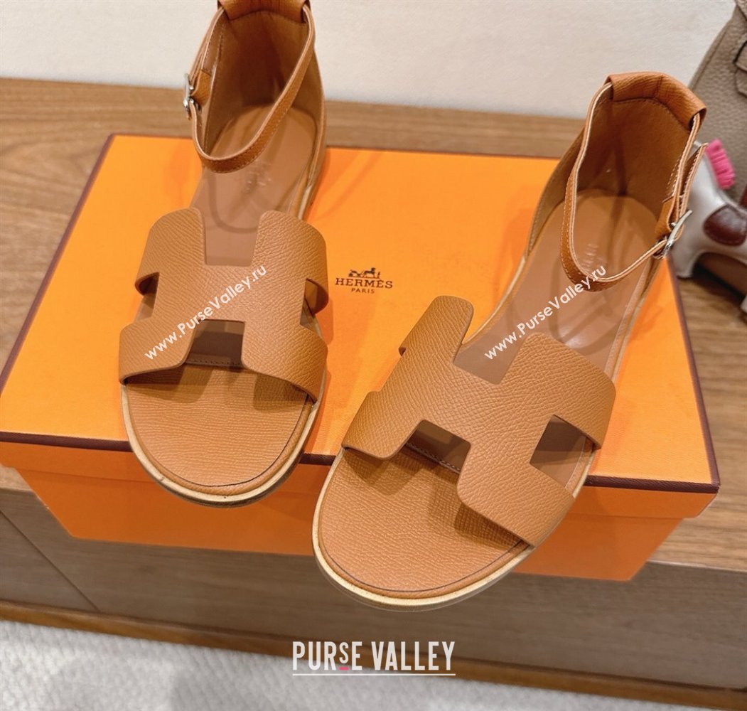 Hermes Santorini Flat Sandals in Epsom Calfskin Brown 2025 H082013 (XC-250820187)