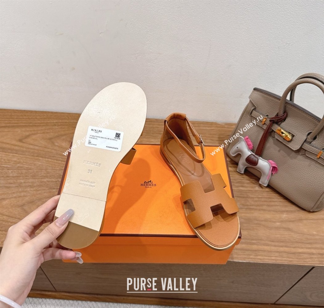 Hermes Santorini Flat Sandals in Epsom Calfskin Brown 2025 H082013 (XC-250820187)